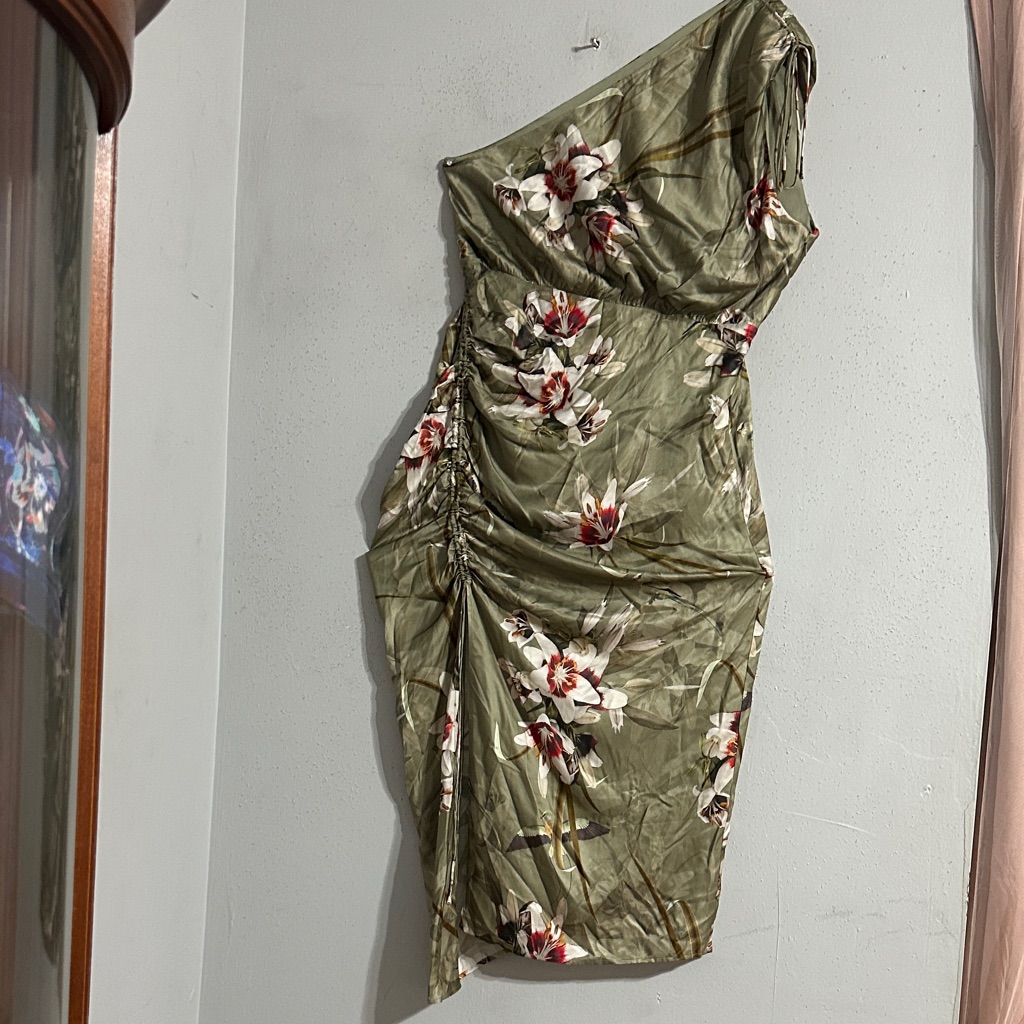 Nwot All-Saints Floral One-Shoulder Dress In Olive Green Multi